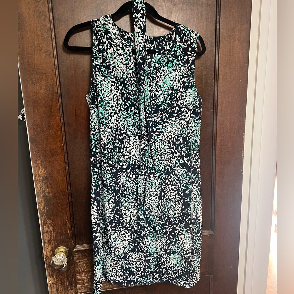 ann taylor navy white green sleeveless dress belted waist